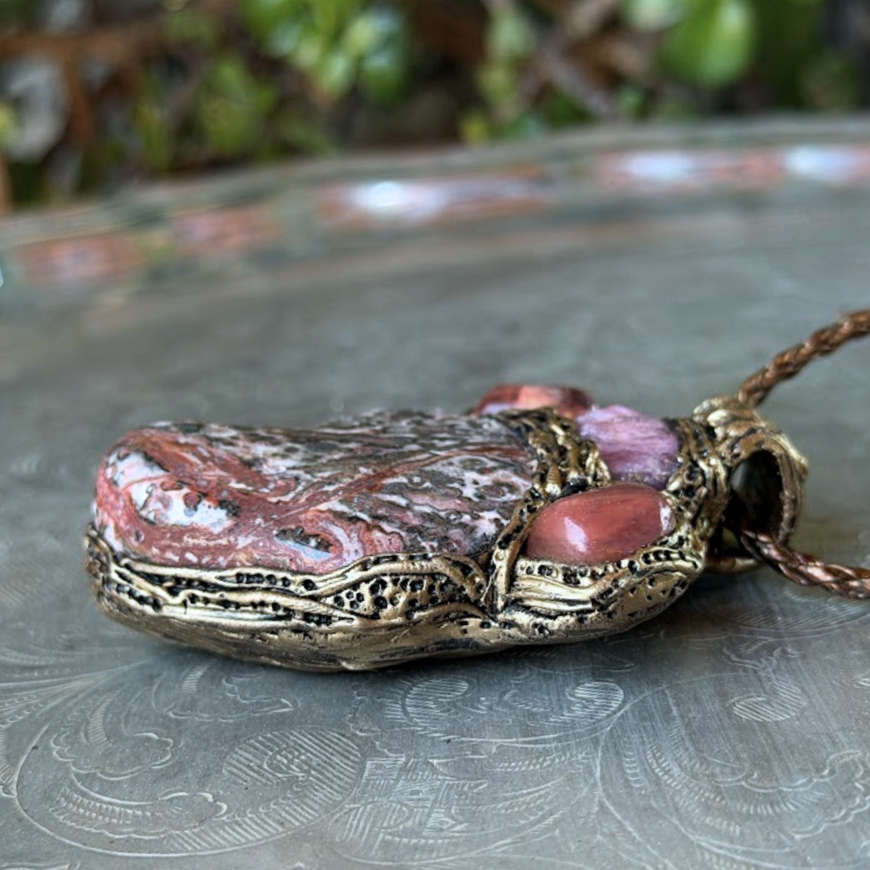 Leopard Skin Jasper, Raw Ruby & Cherry Quartz Large Stone Pendant Necklace