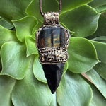 Tiger’s Eye and Obsidian arrow pendant necklace, protective healing crystal amulet.
