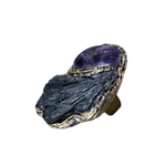 Black Kyanite and Amethyst statement ring with natural black and purple crystals, handcrafted one-of-a-kind chunky cocktail ring.
