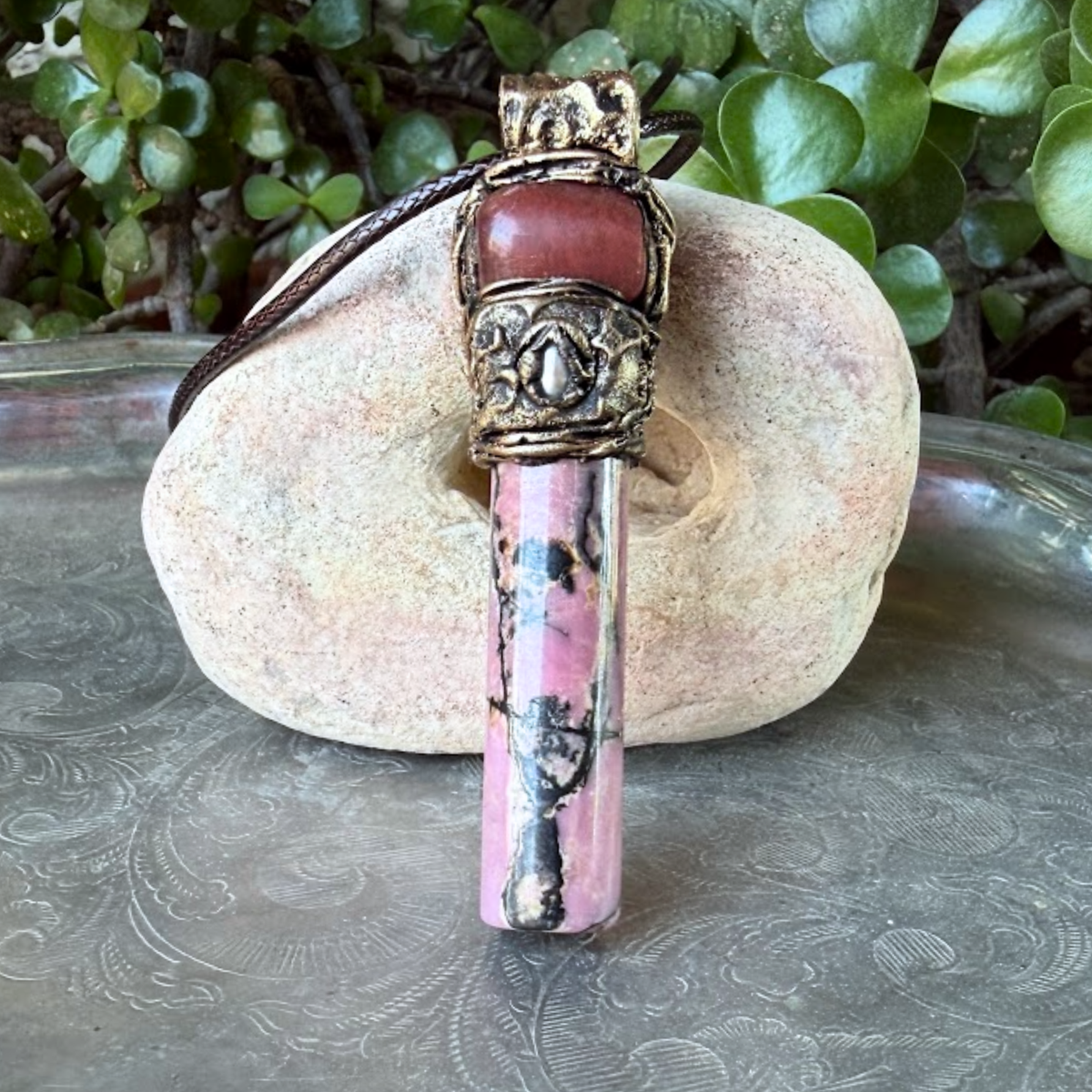 Rhodonite & Cherry Quartz Crystal Amulet - Pink Stone Pendant Necklace.