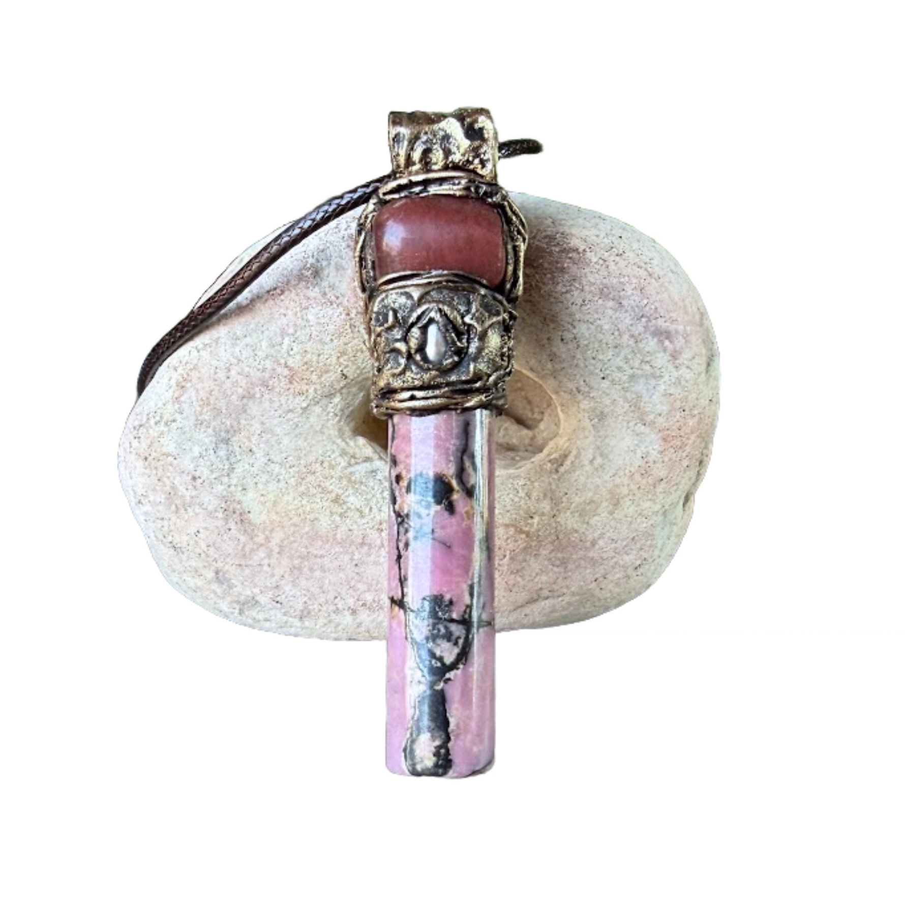 Rhodonite & Cherry Quartz Crystal Amulet - Pink Stone Pendant Necklace.