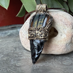 Tiger’s Eye and Obsidian arrow pendant necklace, protective healing crystal amulet.
