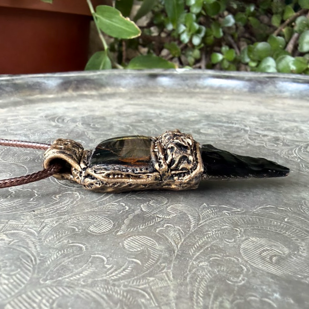 Tiger’s Eye and Obsidian arrow pendant necklace, protective healing crystal amulet.
