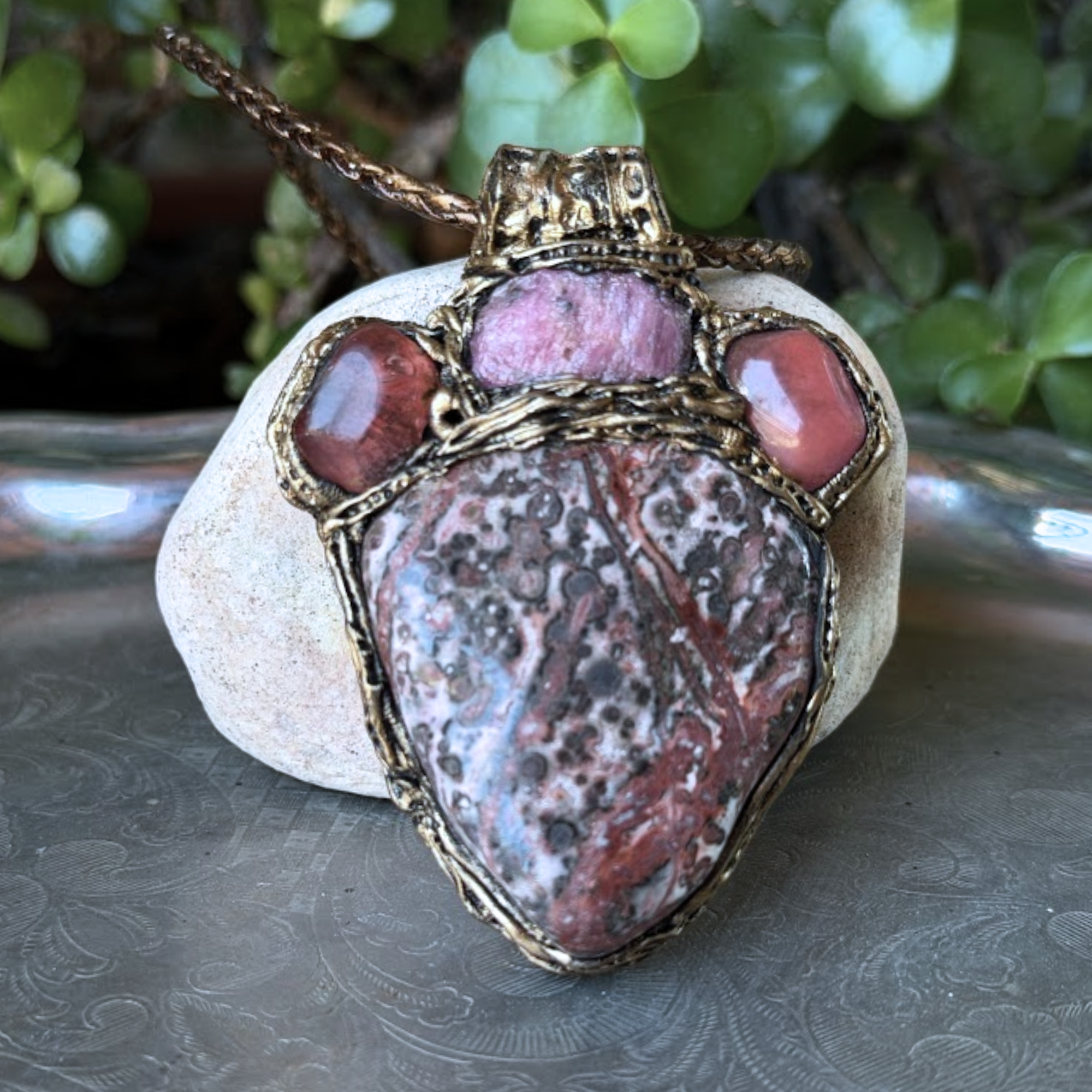 Leopard Skin Jasper, Raw Ruby & Cherry Quartz Large Stone Pendant Necklace