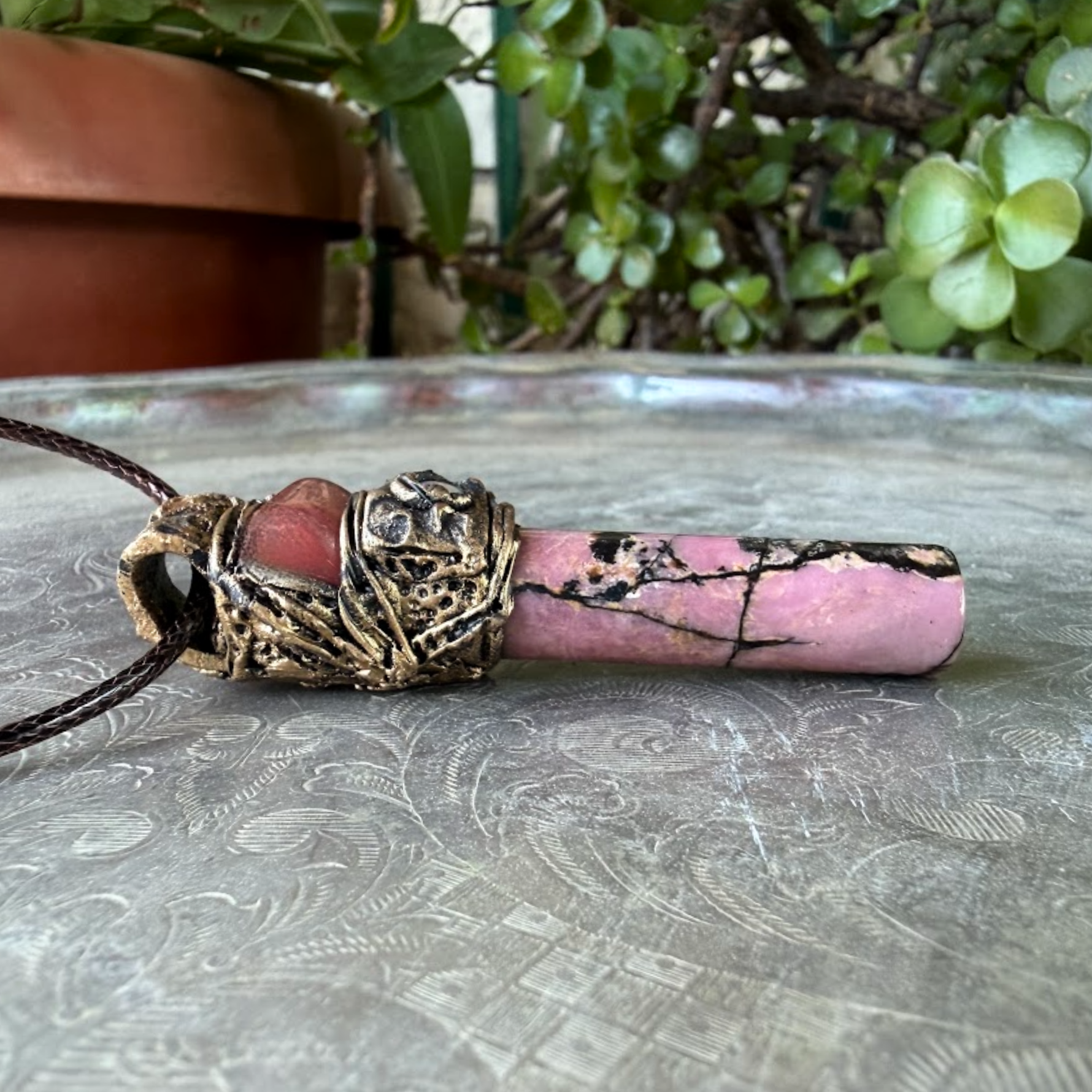 Rhodonite & Cherry Quartz Crystal Amulet - Pink Stone Pendant Necklace.