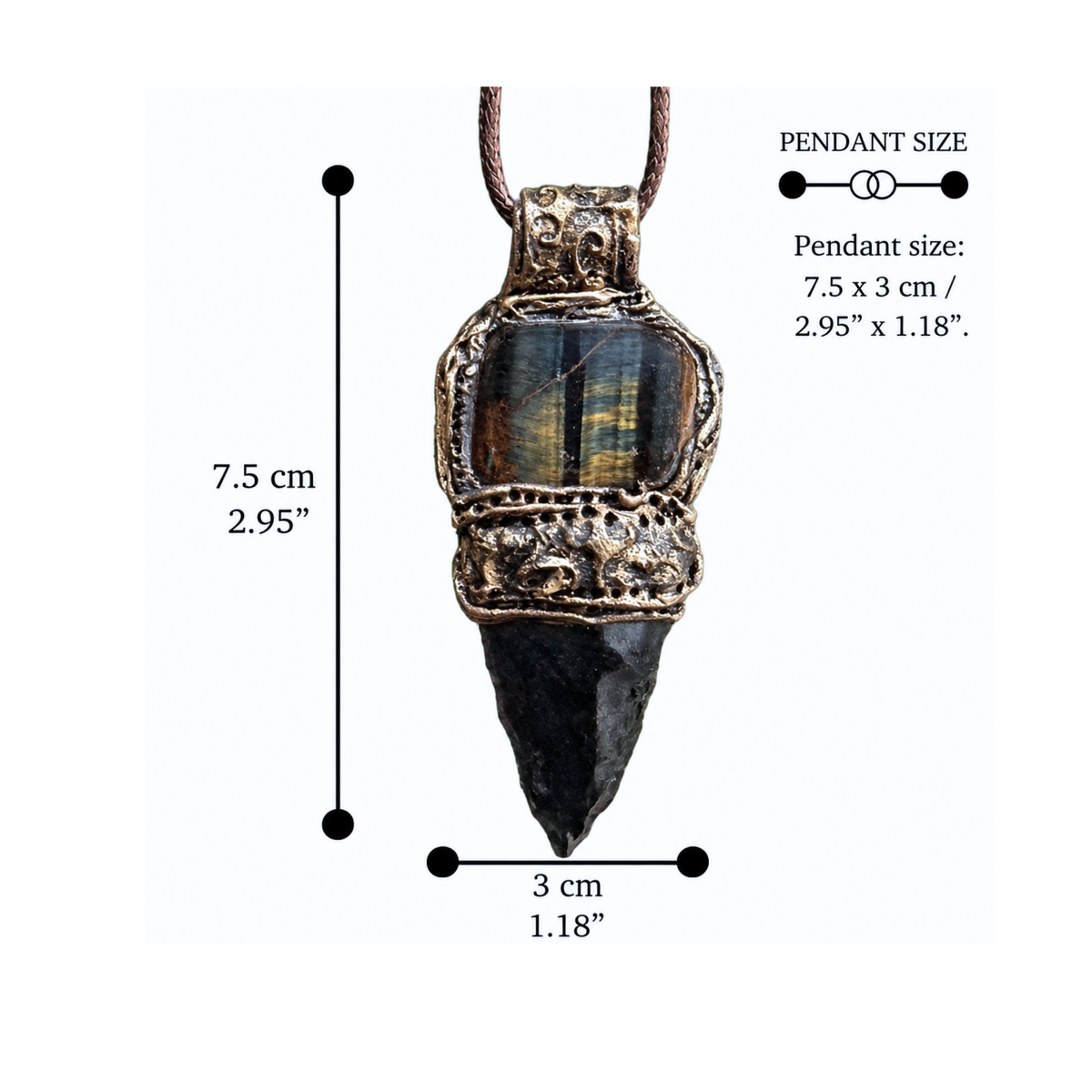 Tiger’s Eye and Obsidian arrow pendant necklace, protective healing crystal amulet.

