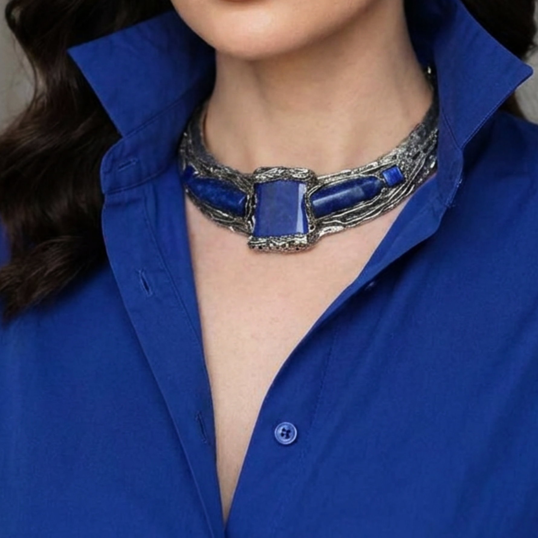 Lapis Lazuli & Sodalite Chunky Necklace – Blue Stone Statement Wide Choker