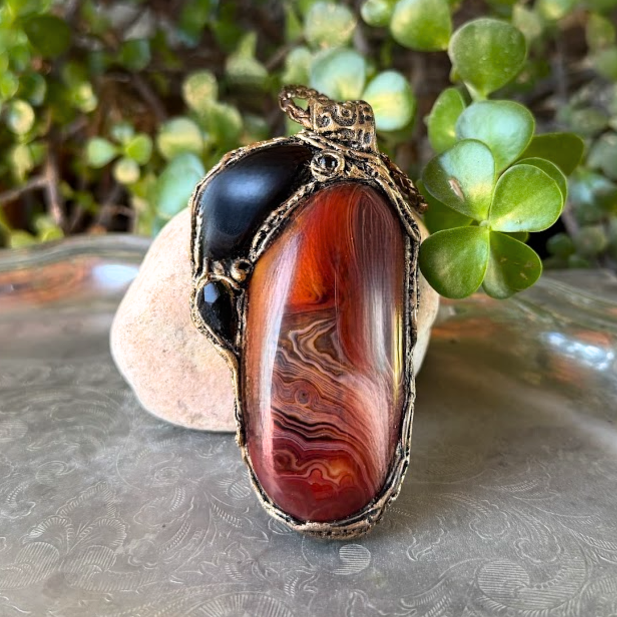 Sardonyx and Obsidian pendant necklace with natural red and black stones, handcrafted protection crystal amulet.