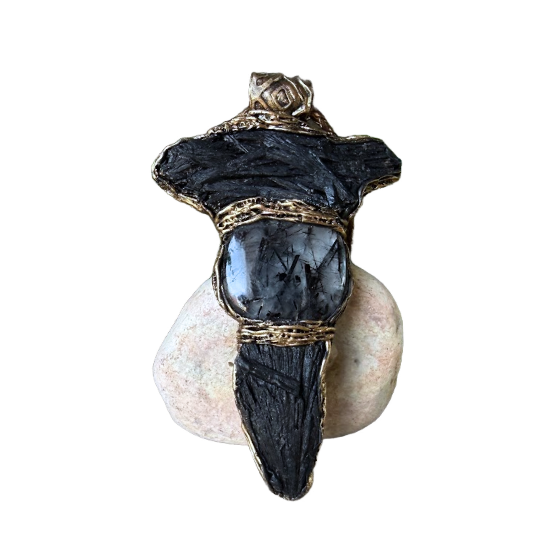 Black Kyanite and Tourmaline Quartz pendant necklace with natural raw black crystals, handcrafted empath protection crystal amulet.