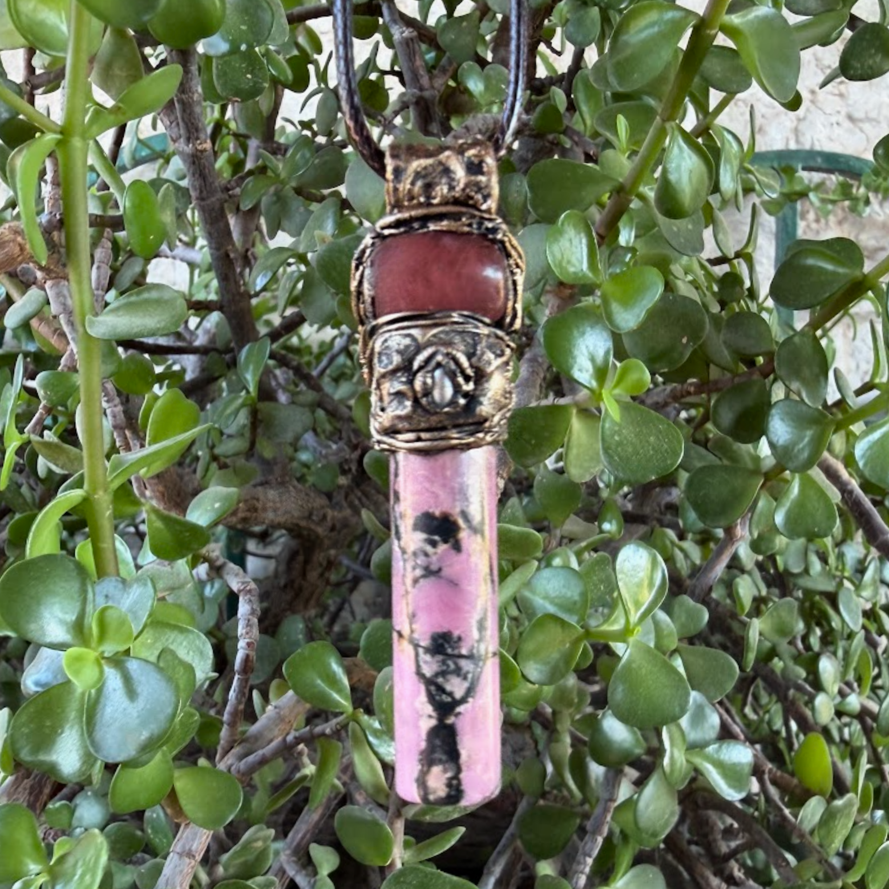 Rhodonite & Cherry Quartz Crystal Amulet - Pink Stone Pendant Necklace.