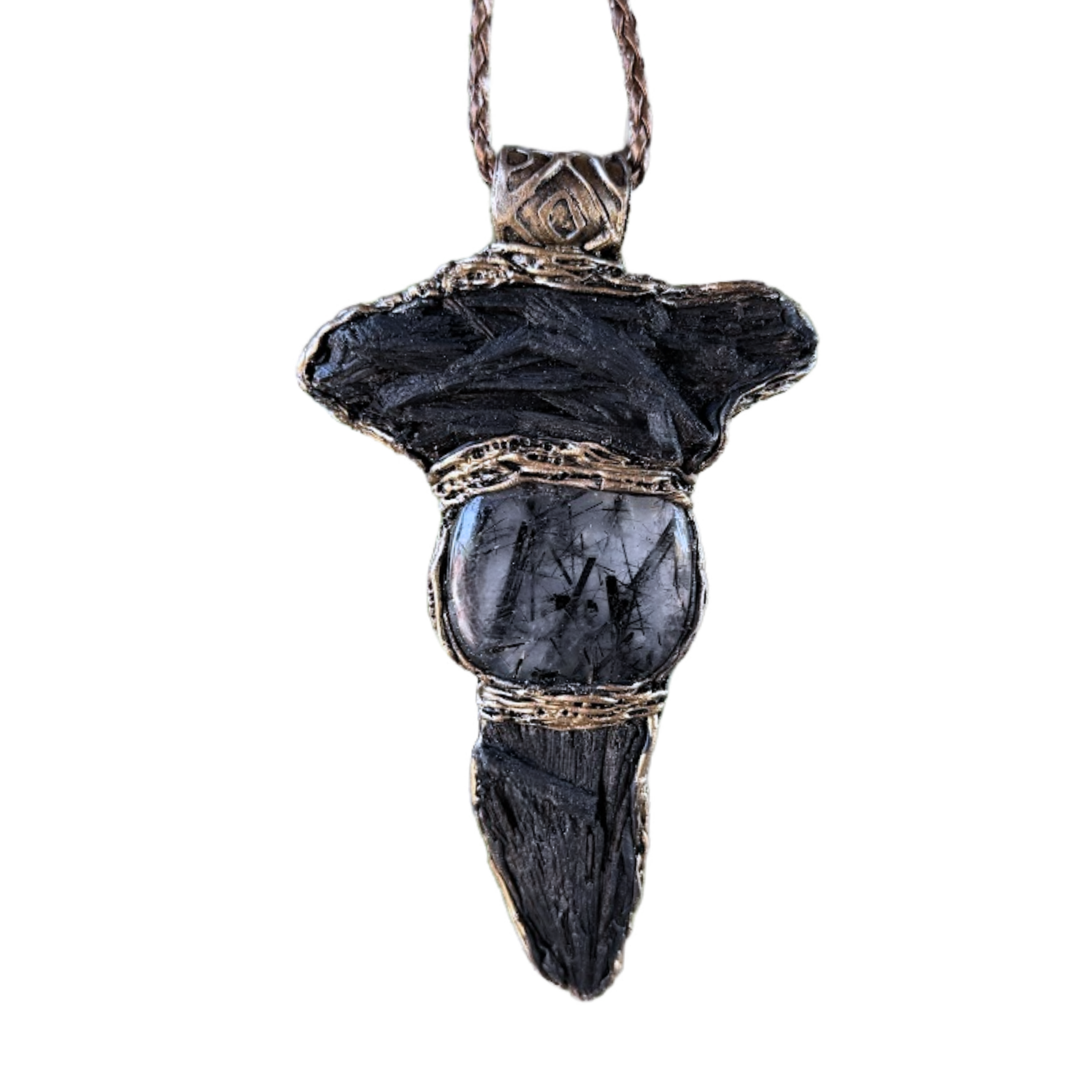 Black Kyanite and Tourmaline Quartz pendant necklace with natural raw black crystals, handcrafted empath protection crystal amulet.