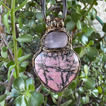Rose Quartz and Rhodonite heart pendant necklace with natural pink stones, handcrafted chunky one-of-a-kind crystal amulet.