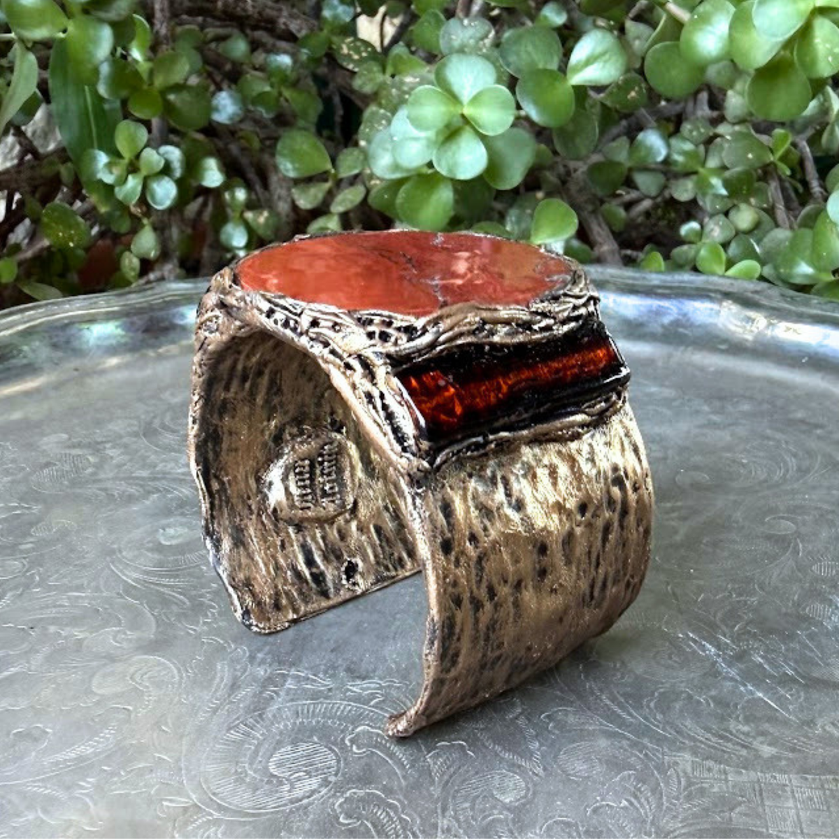 Red Jasper Stone Wide Cuff Bracelet Chunky Statement Jewelry