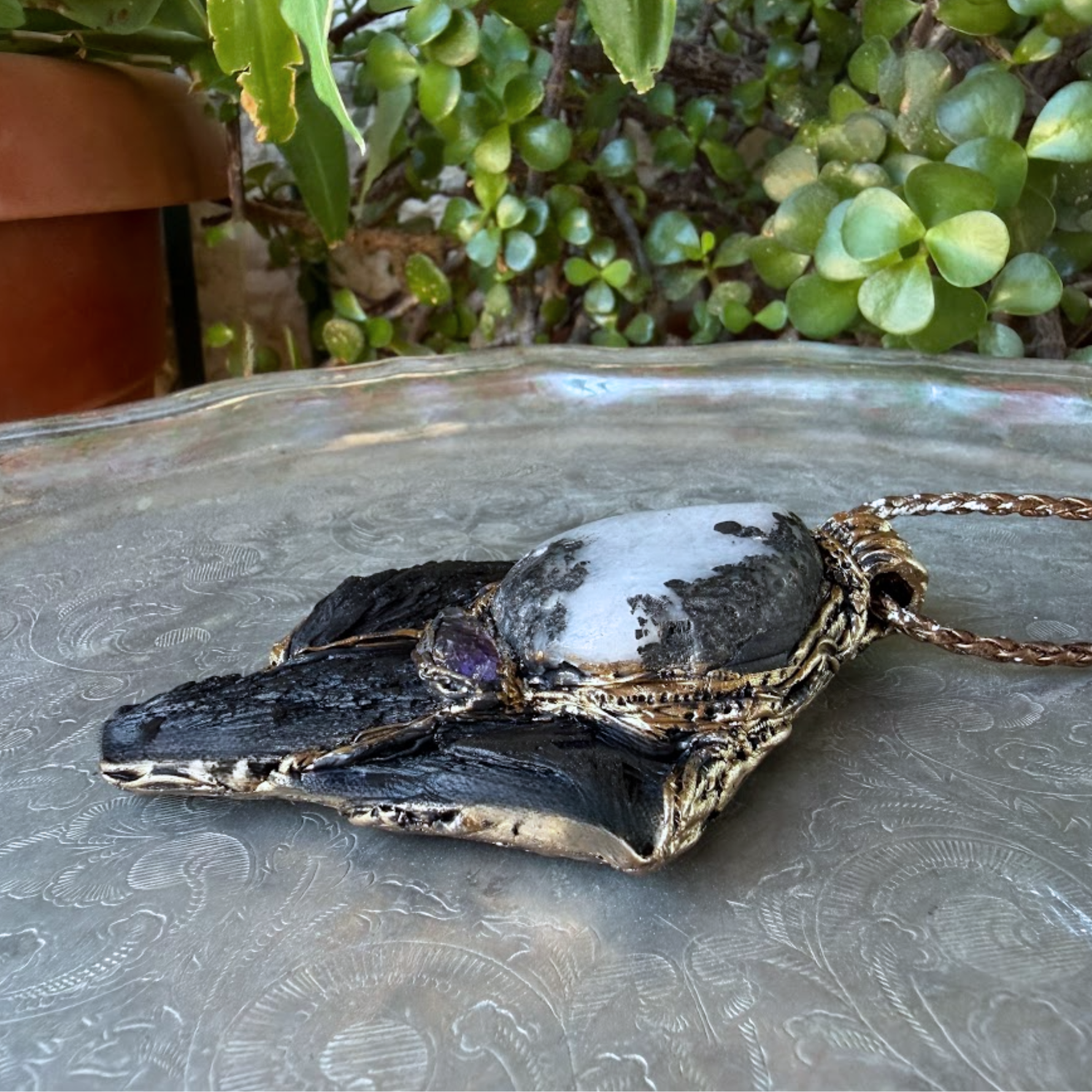 Black Kyanite & Tourmaline Quartz pendant necklace with natural raw crystals. A one-of-a-kind empath protection amulet for grounding and clarity.