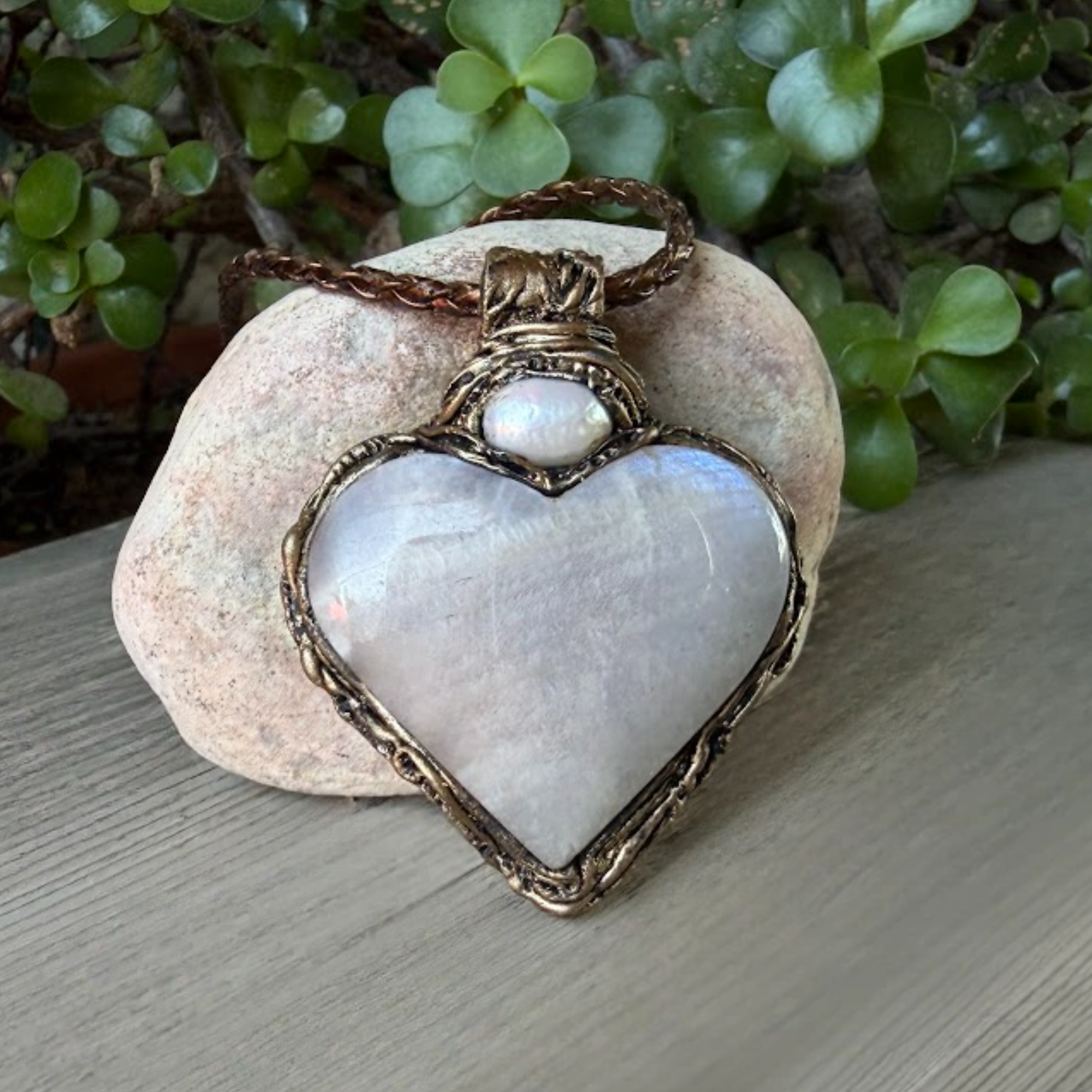 Moonstone and Pearl heart pendant necklace with luminous natural gemstones, handcrafted large one-of-a-kind crystal amulet.