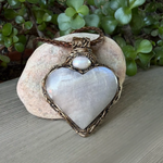 Moonstone and Pearl heart pendant necklace with luminous natural gemstones, handcrafted large one-of-a-kind crystal amulet.