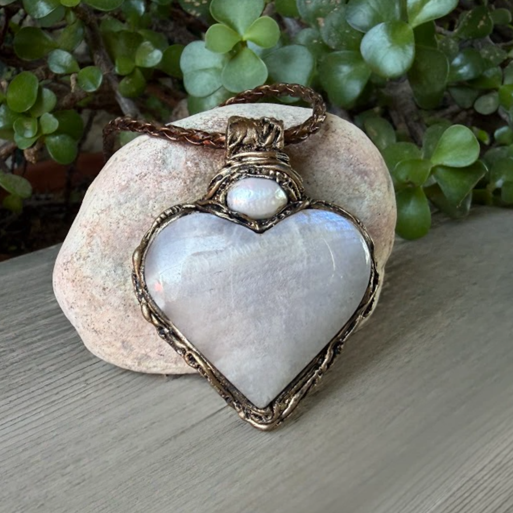 Moonstone and Pearl heart pendant necklace with luminous natural gemstones, handcrafted large one-of-a-kind crystal amulet.