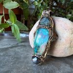 Raw Emerald, Chrysocolla and Hematite pendant necklace with natural green and metallic stones, handcrafted one-of-a-kind crystal amulet.