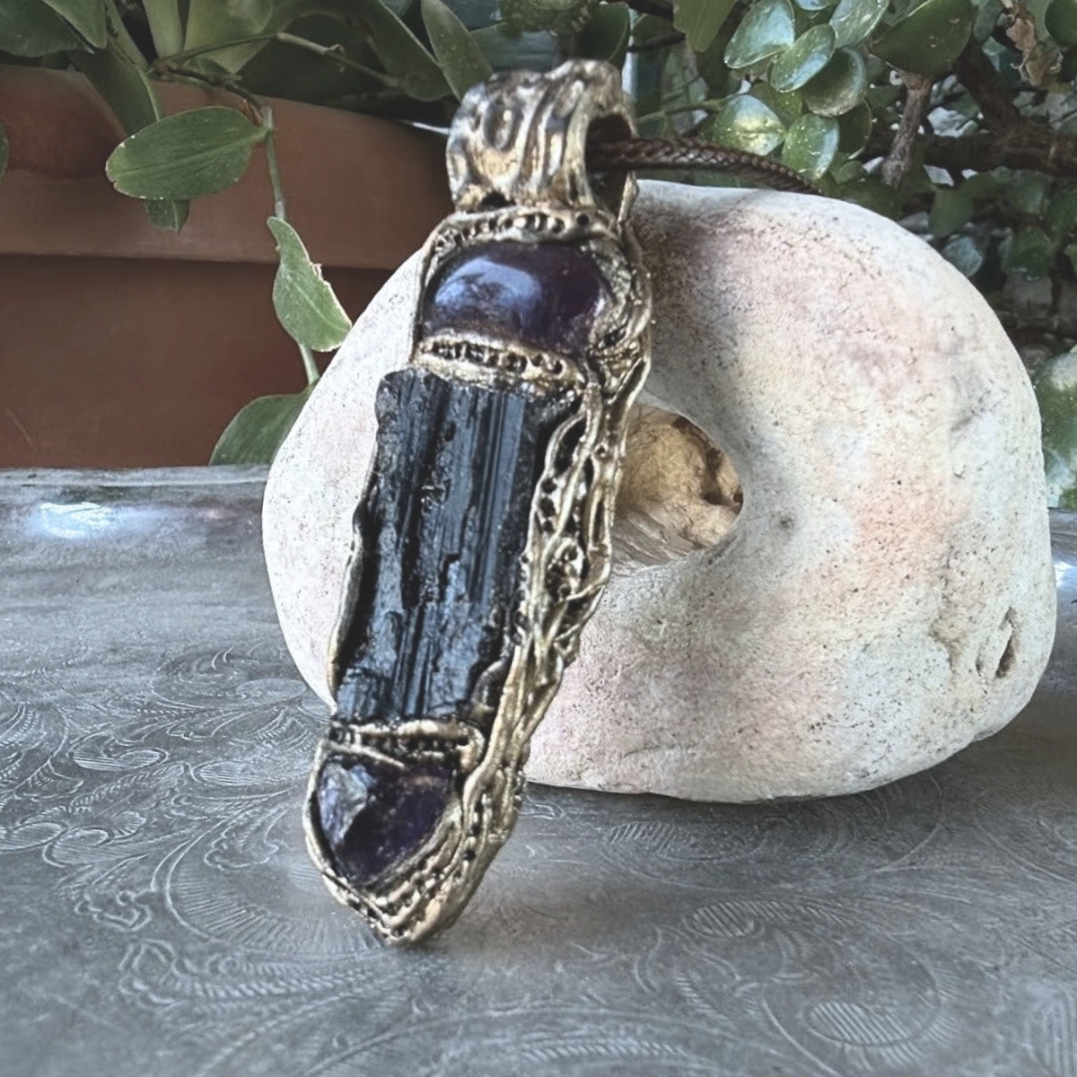 Black Tourmaline & Amethyst Pendant Necklace - Empath Protection Crystal Amulet.
