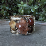 Aragonite, Citrine and Carnelian wide cuff bracelet, raw crystal statement jewelry.