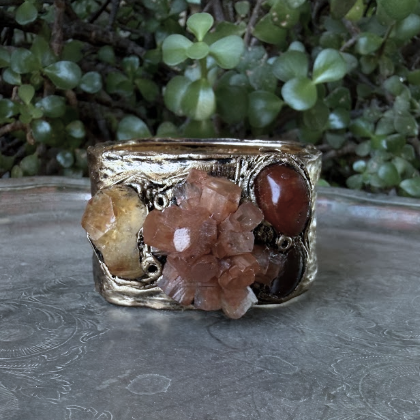 Aragonite, Citrine and Carnelian wide cuff bracelet, raw crystal statement jewelry.