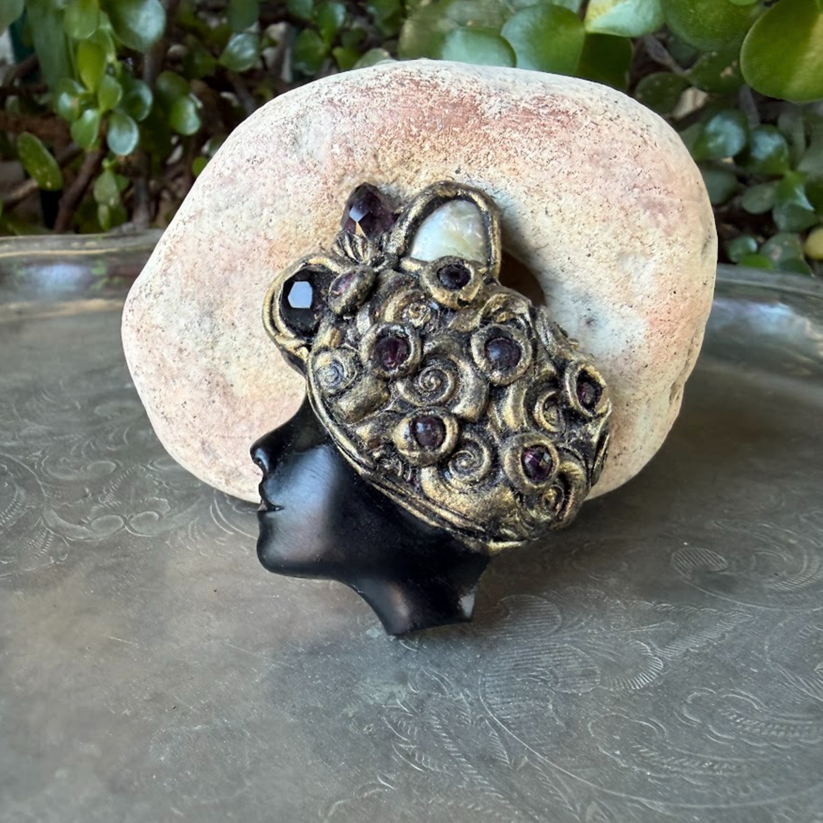 Sculptural woman profile brooch with natural Baroque Pearl, Czech crystals and antique gold details, handcrafted one-of-a-kind statement pin.