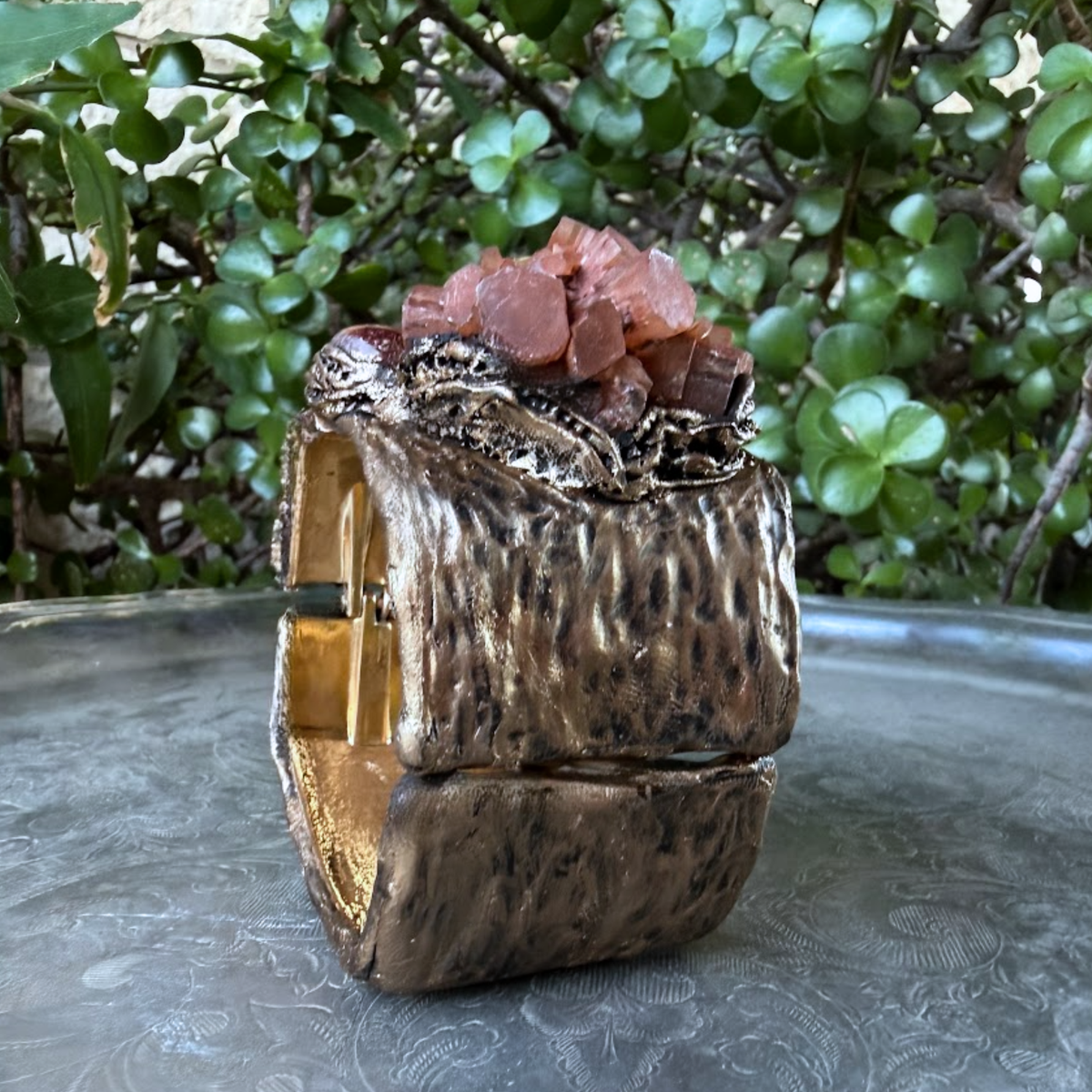 Aragonite, Citrine and Carnelian wide cuff bracelet, raw crystal statement jewelry.
