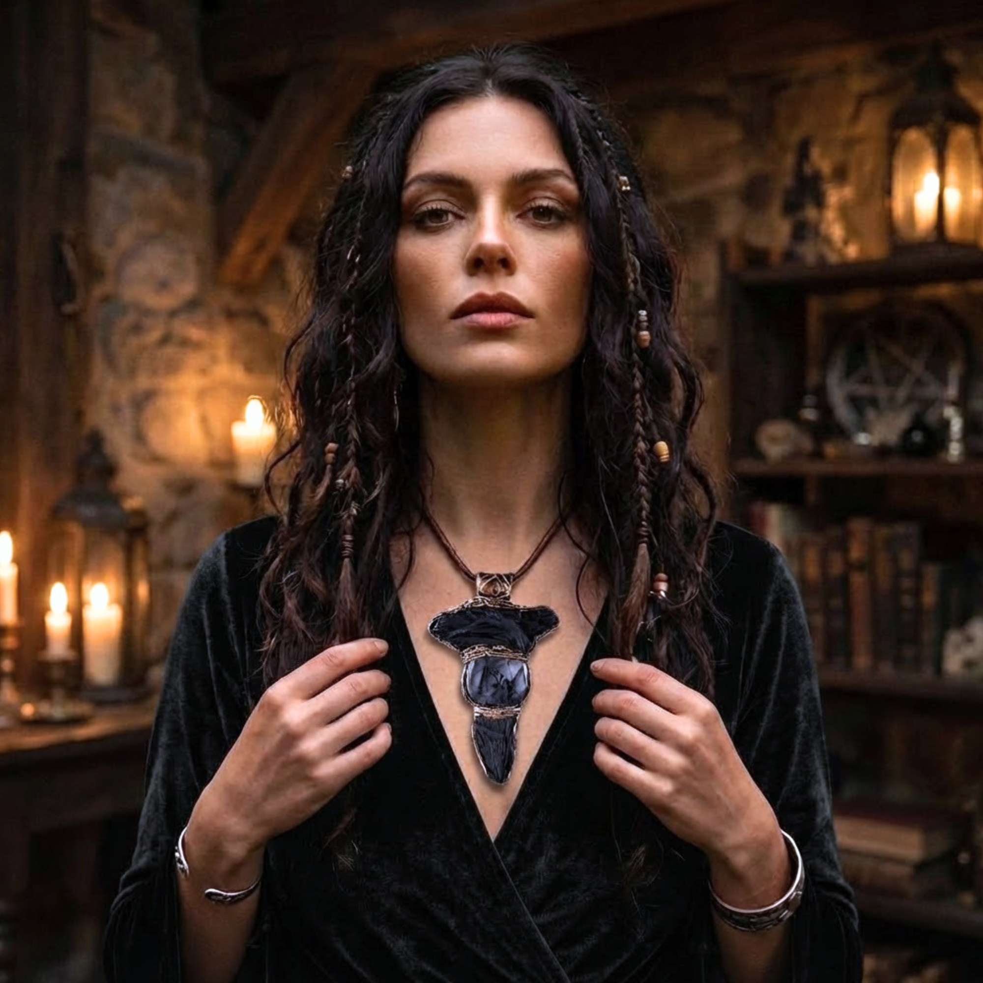 Black Kyanite and Tourmaline Quartz pendant necklace with natural raw black crystals, handcrafted empath protection crystal amulet.