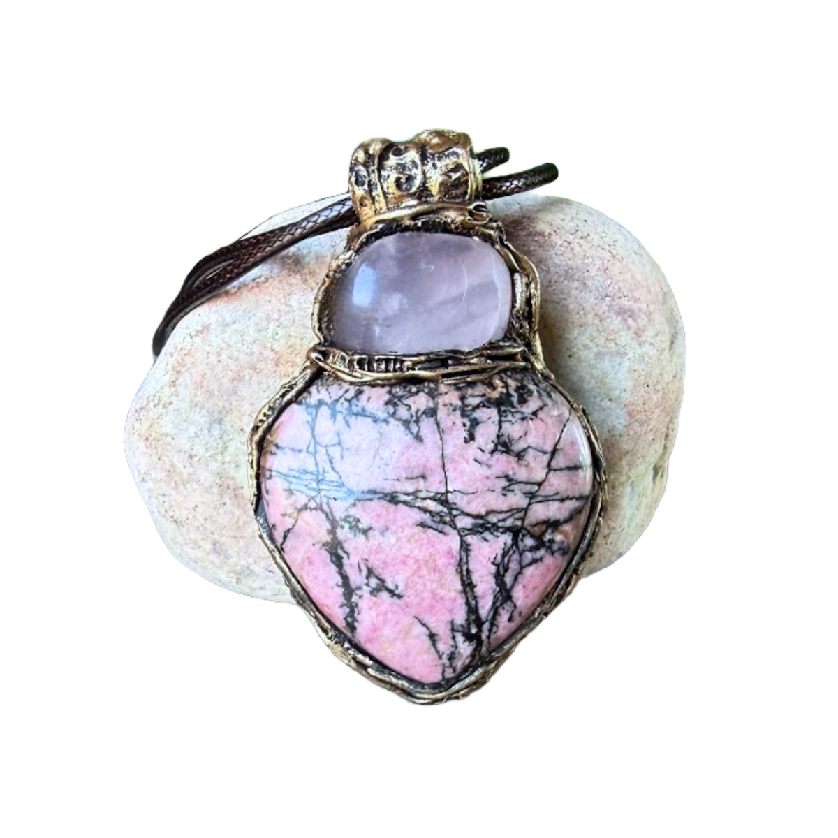 Rose Quartz and Rhodonite heart pendant necklace with natural pink stones, handcrafted chunky one-of-a-kind crystal amulet.