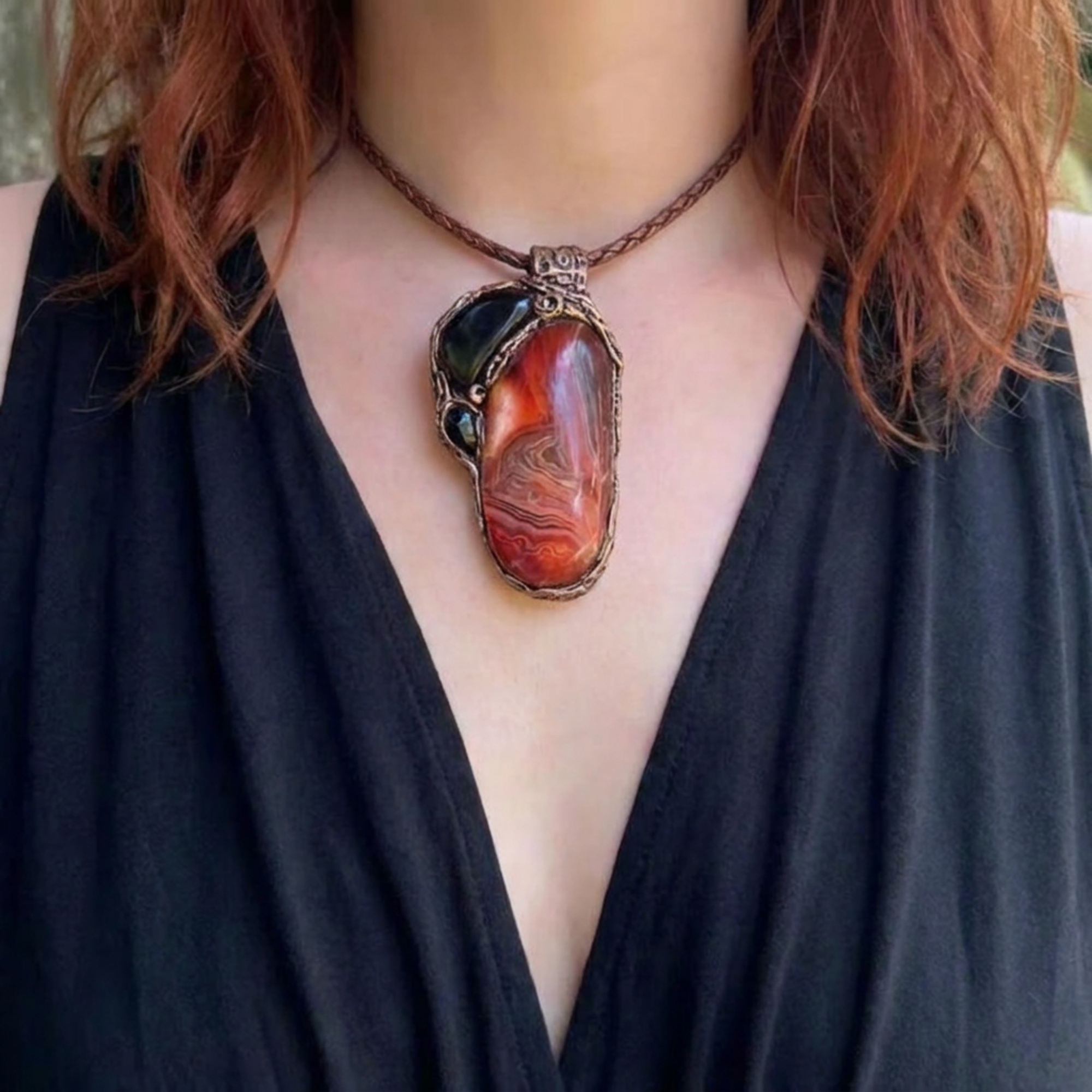 Sardonyx and Obsidian pendant necklace with natural red and black stones, handcrafted protection crystal amulet.