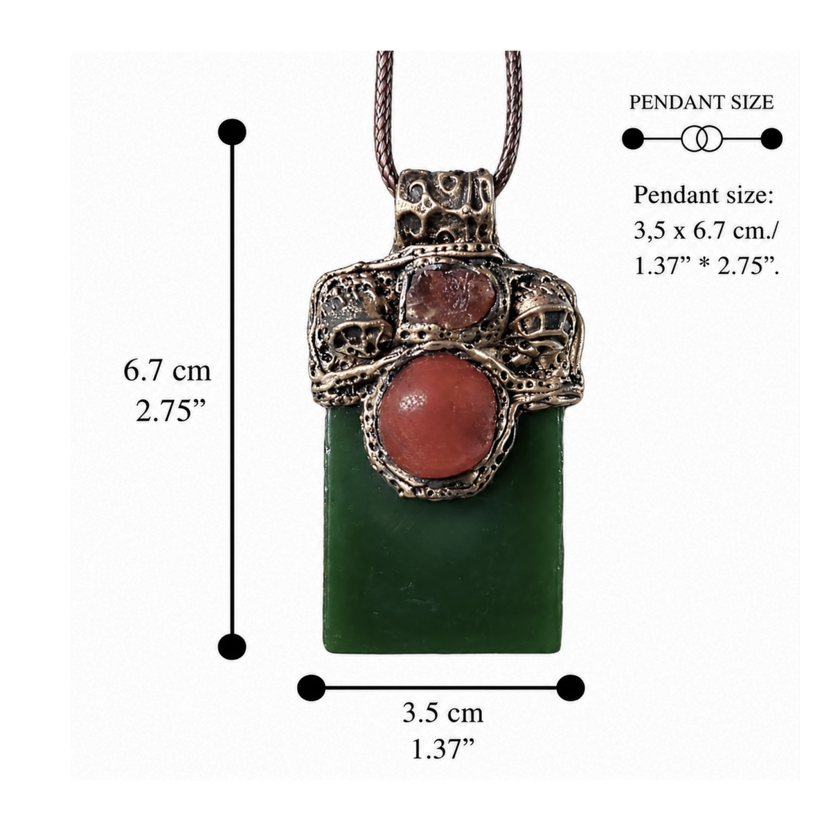 Large green Jade pendant necklace with red Carnelian stones in a handcrafted sculptural amulet setting.