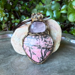 Rose Quartz and Rhodonite heart pendant necklace with natural pink stones, handcrafted chunky one-of-a-kind crystal amulet.