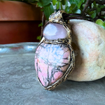 Rose Quartz and Rhodonite heart pendant necklace with natural pink stones, handcrafted chunky one-of-a-kind crystal amulet.
