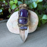 Clear Quartz and Amethyst Pendant Necklace -  Empath Protection Crystal Amulet