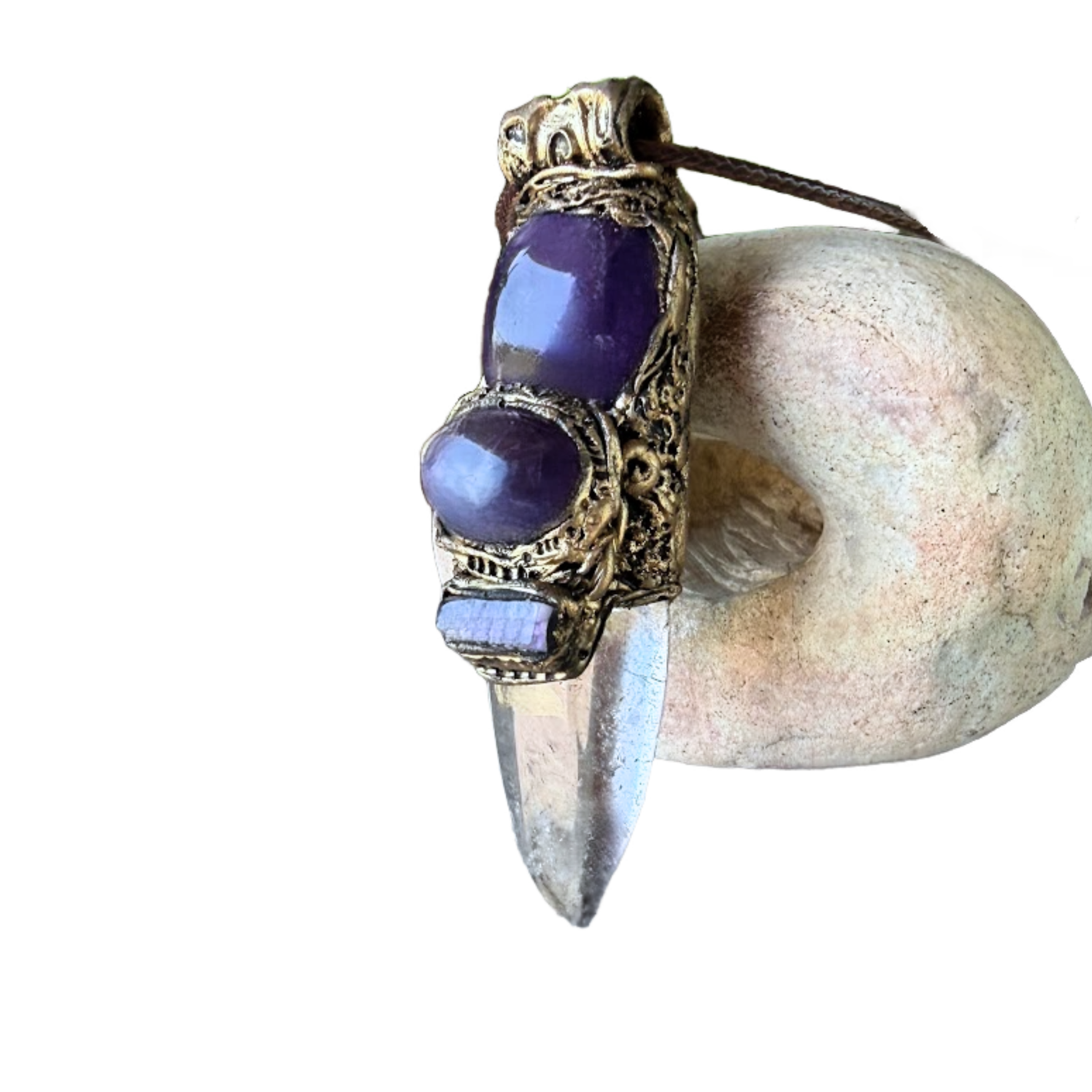 Clear Quartz and Amethyst Pendant Necklace -  Empath Protection Crystal Amulet