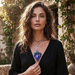 Sculptural heart pendant necklace with central purple Amethyst, dark textured setting and polished Hematite stones.