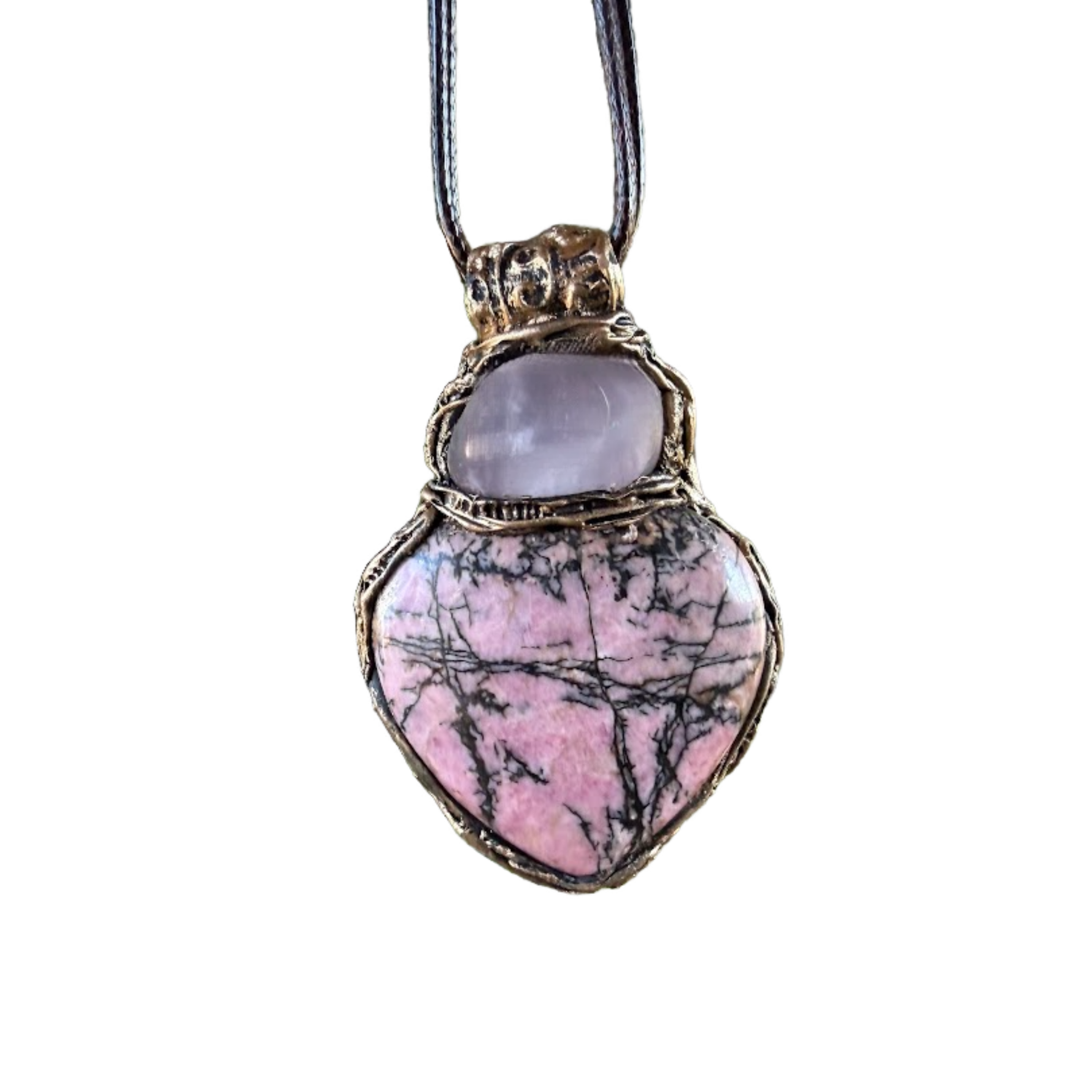 Rose Quartz and Rhodonite heart pendant necklace with natural pink stones, handcrafted chunky one-of-a-kind crystal amulet.