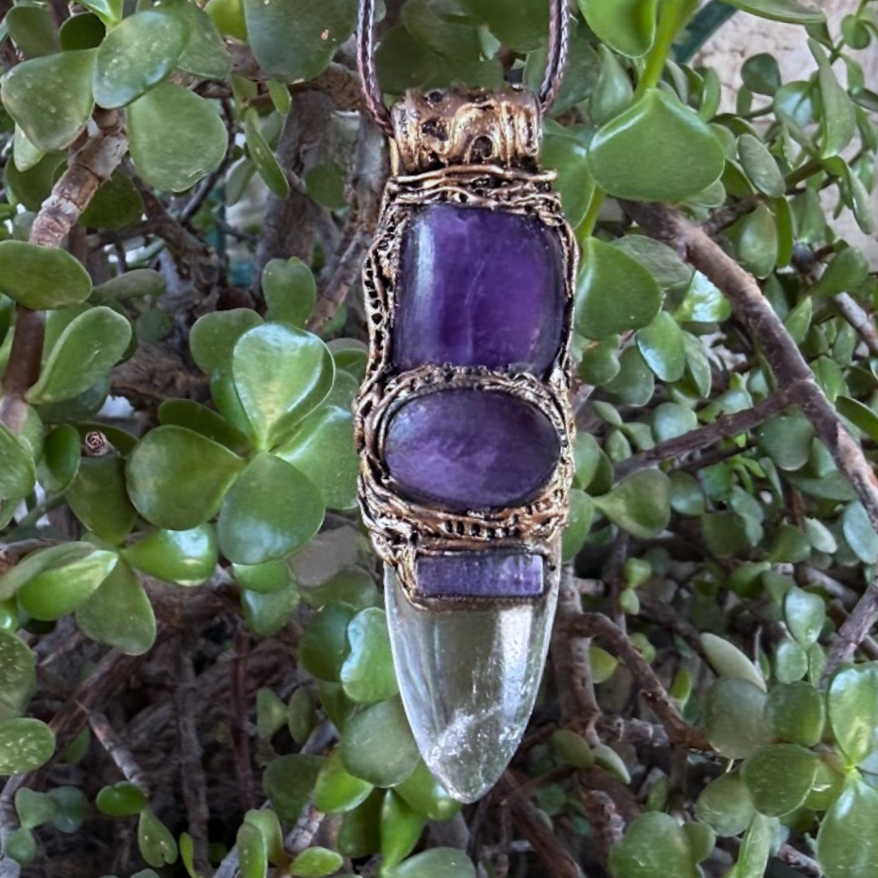 Clear Quartz and Amethyst Pendant Necklace -  Empath Protection Crystal Amulet