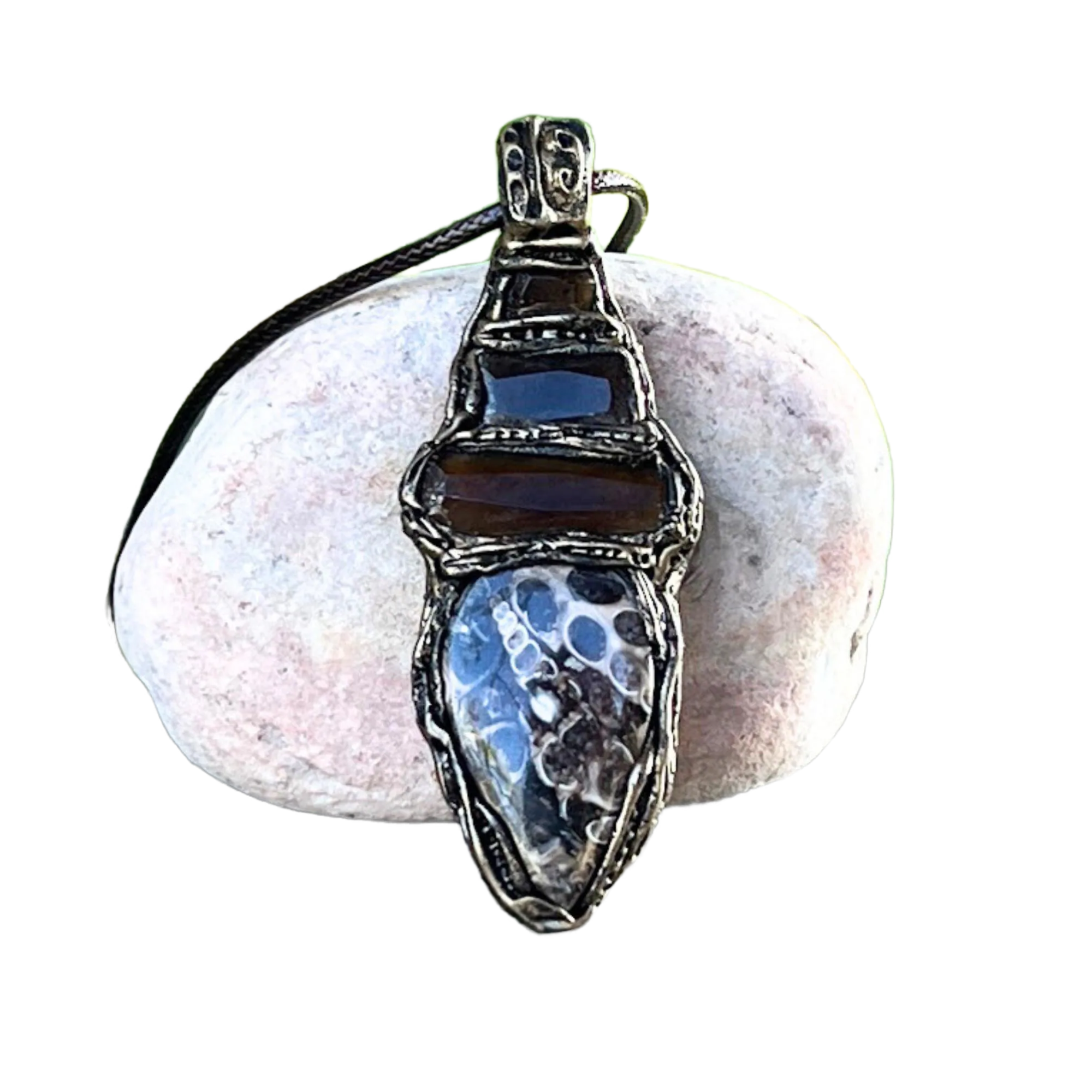 Turritella Agate and Smoky Quartz pendant necklace – grounding business amulet.