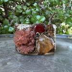 Aragonite, Citrine and Carnelian wide cuff bracelet, raw crystal statement jewelry.