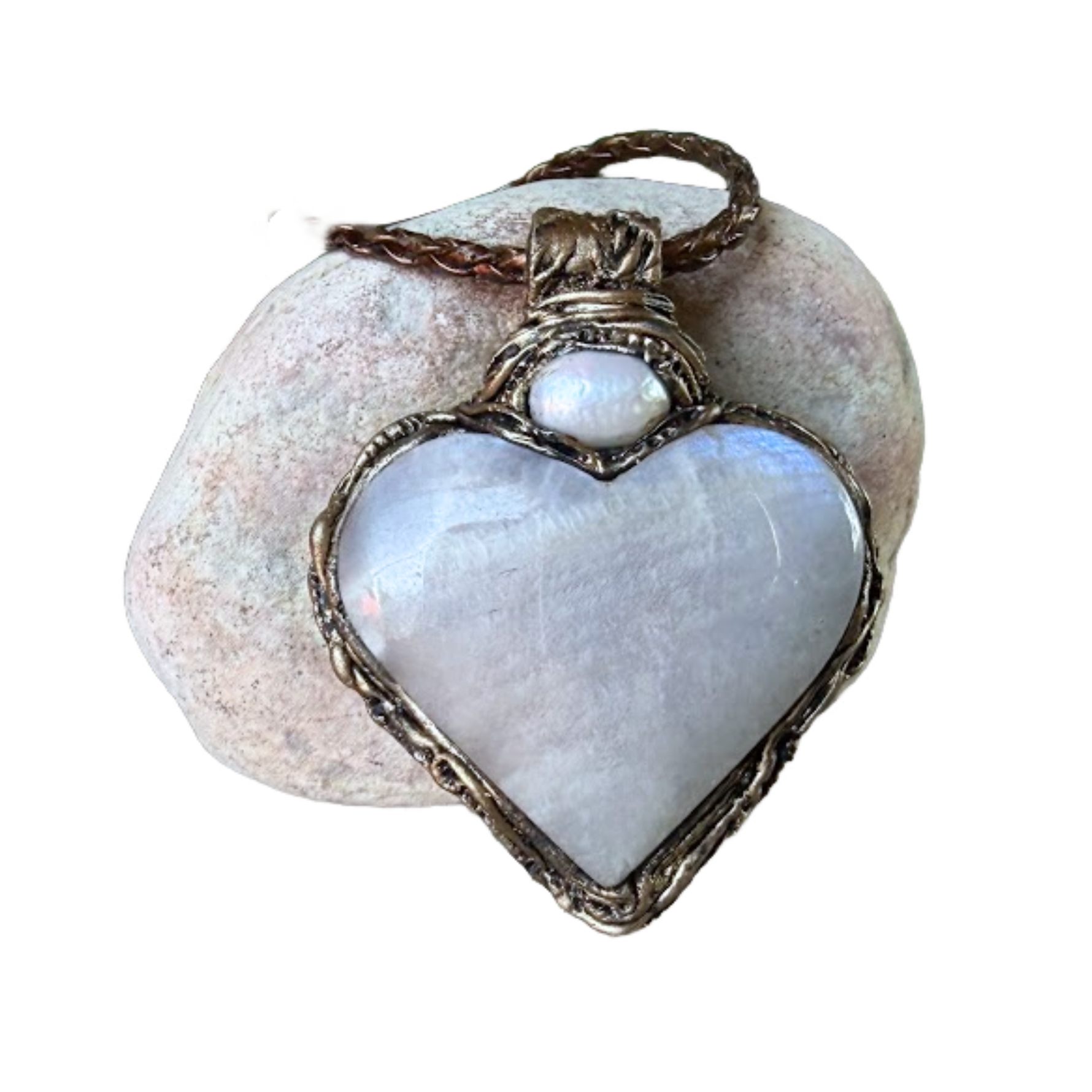 Moonstone and Pearl heart pendant necklace with luminous natural gemstones, handcrafted large one-of-a-kind crystal amulet.
