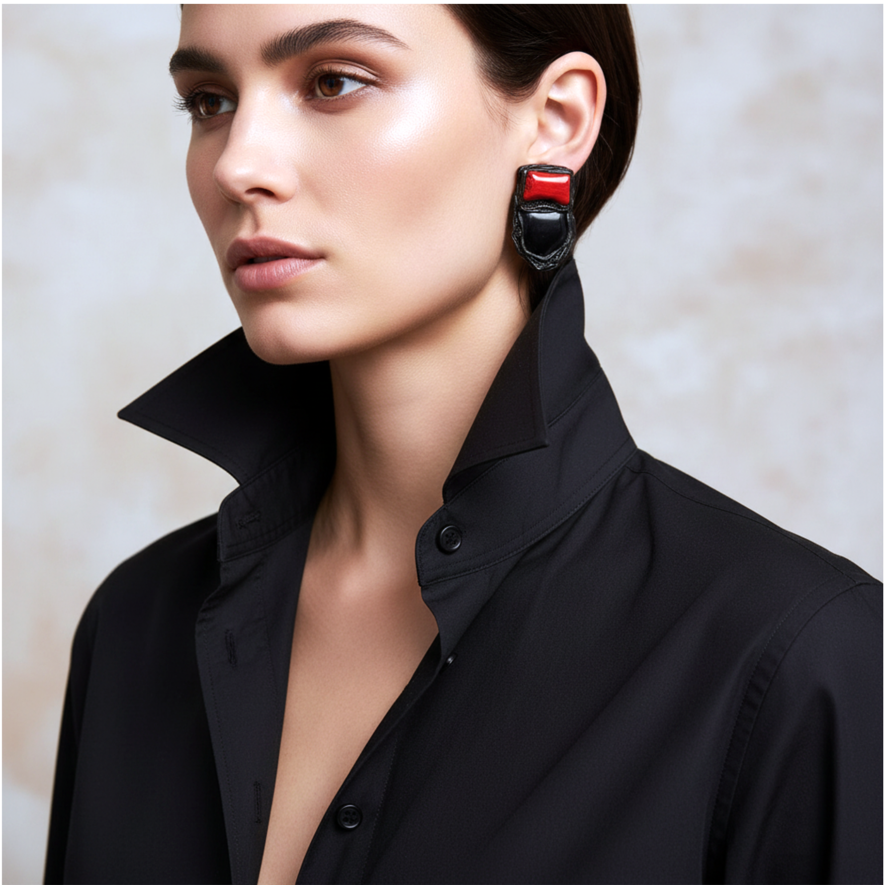 Black Onyx and Red Coral Large Stud Earrings