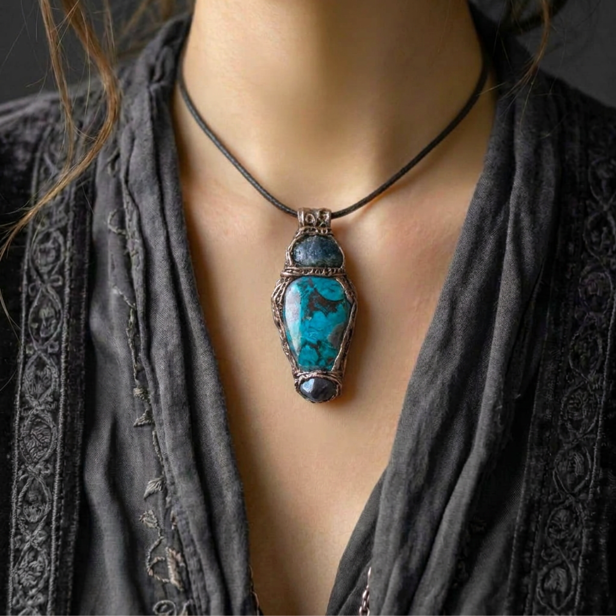Raw Emerald, Chrysocolla and Hematite pendant necklace with natural green and metallic stones, handcrafted one-of-a-kind crystal amulet.