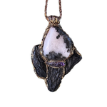 Black Kyanite & Tourmaline Quartz pendant necklace with natural raw crystals. A one-of-a-kind empath protection amulet for grounding and clarity.