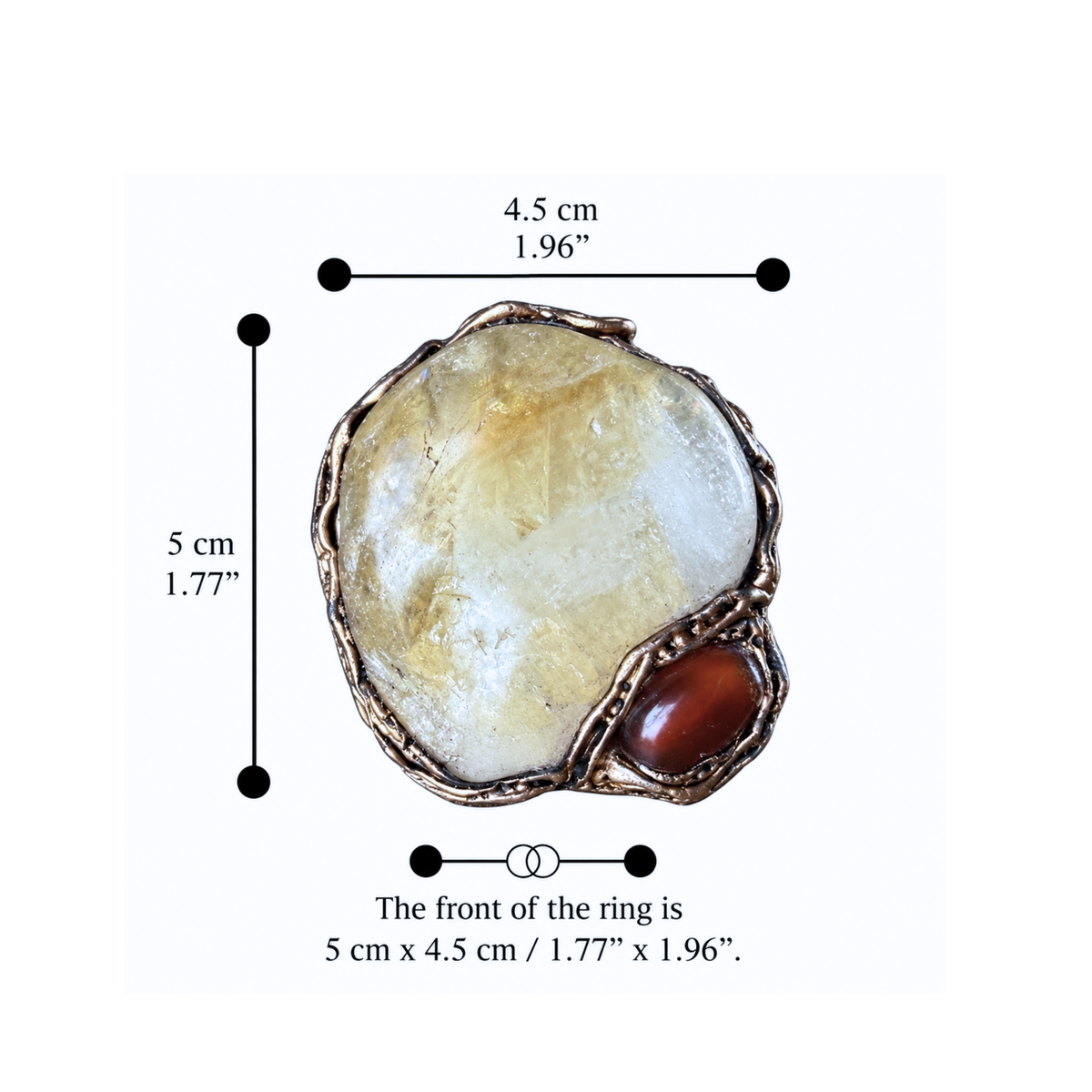 Oversized Citrine and Carnelian statement ring with a large pale yellow natural crystal and smaller reddish-brown stone in a sculptural setting.