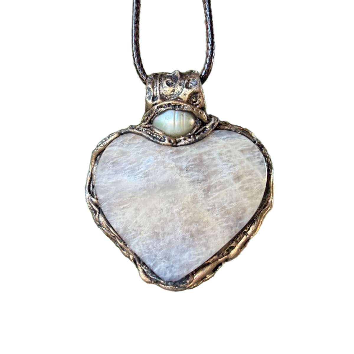 Moonstone and Pearl heart pendant necklace with luminous natural gemstones, handcrafted large one-of-a-kind crystal amulet.