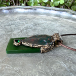 Large Bloodstone and green Jade pendant necklace with natural red-speckled Bloodstone in a handcrafted sculptural setting.