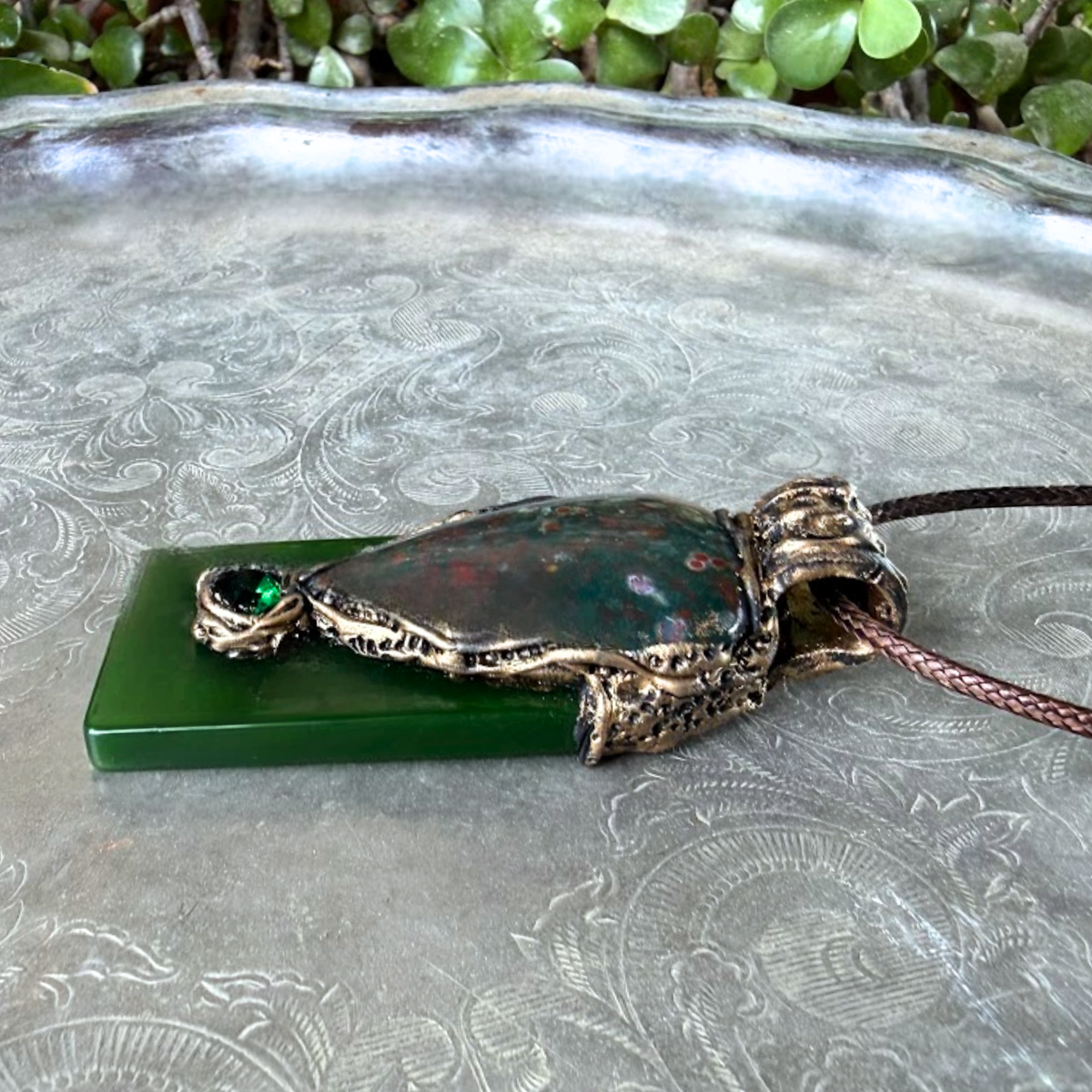 Large Bloodstone and green Jade pendant necklace with natural red-speckled Bloodstone in a handcrafted sculptural setting.