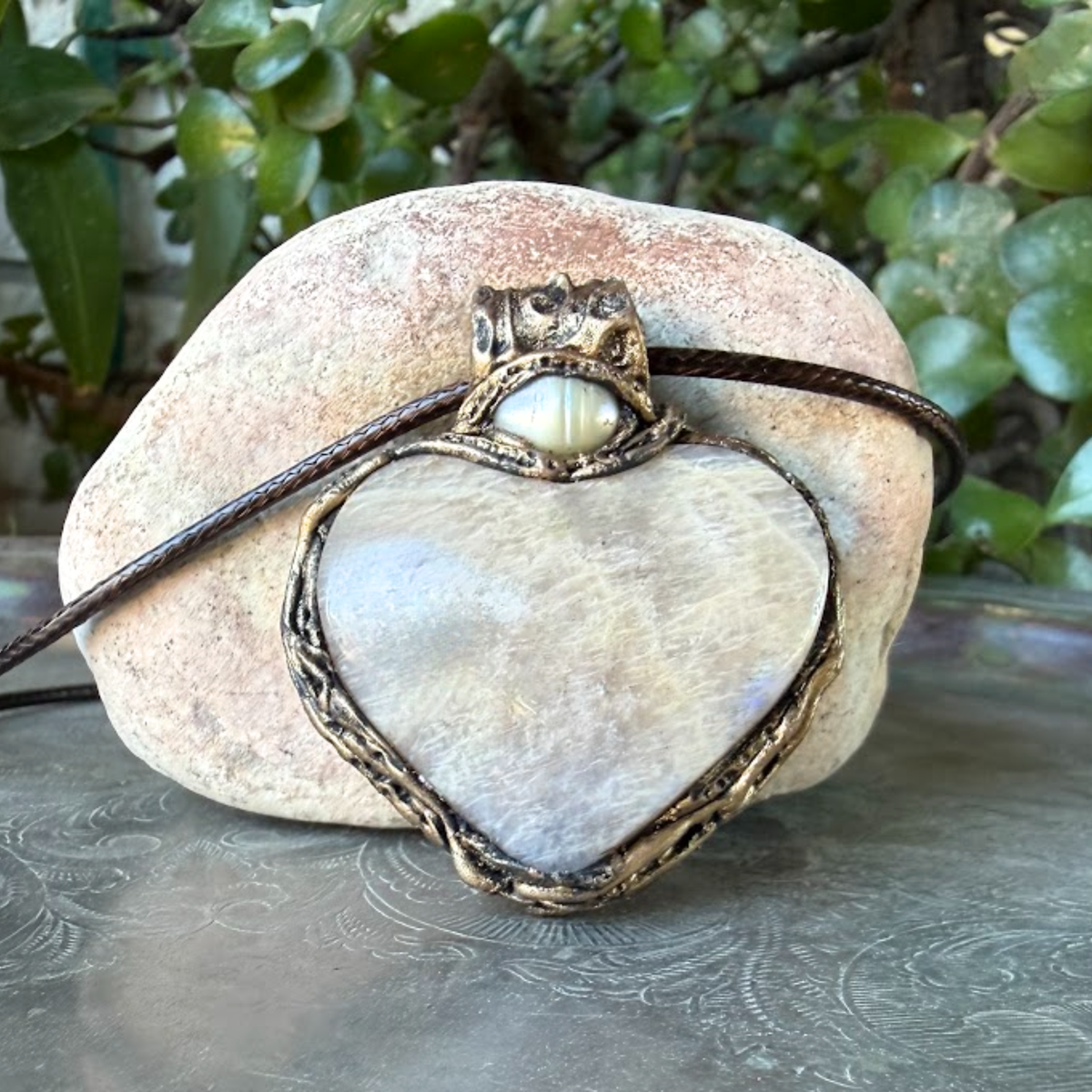 Moonstone and Pearl heart pendant necklace with luminous natural gemstones, handcrafted large one-of-a-kind crystal amulet.