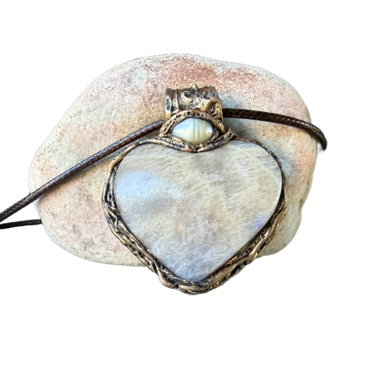 Moonstone and Pearl heart pendant necklace with luminous natural gemstones, handcrafted large one-of-a-kind crystal amulet.